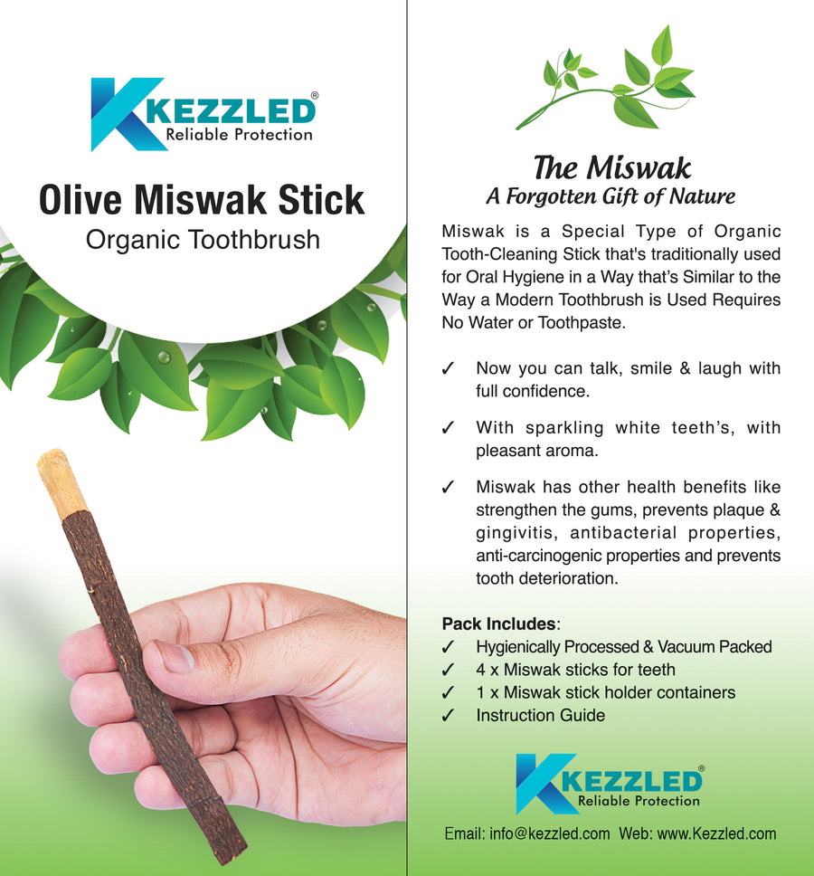 Olive Miswak Stick - 100% Organic Tooth bursh for Teeth Whitening - (Pack of 4 Miswak & 1 Miswak Holder)